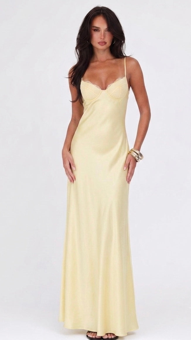 Satin Lace Bias-Cut Midi Dress With V-Neck Backless