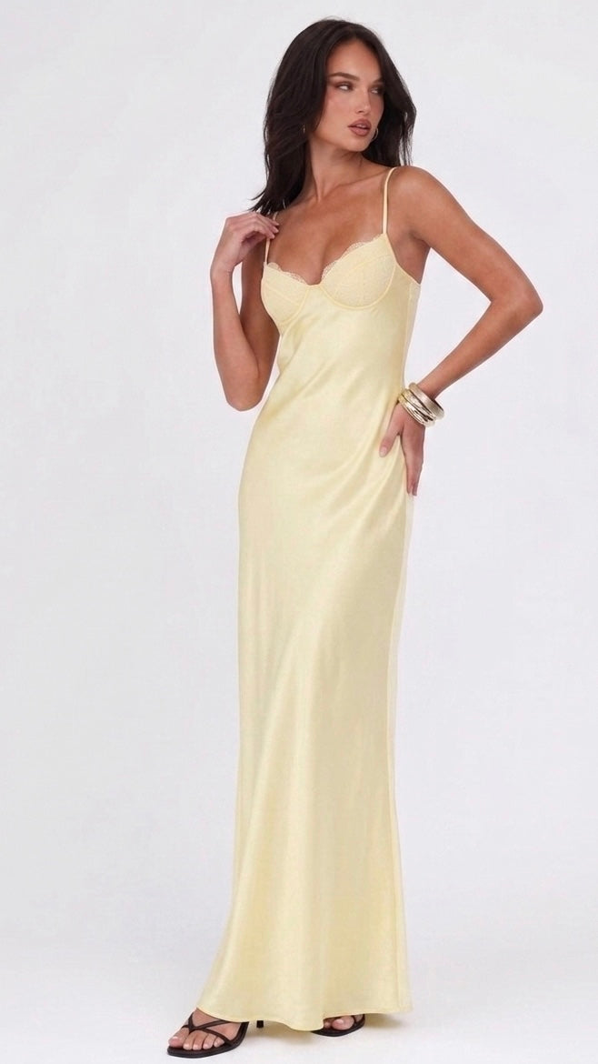Satin Lace Bias-Cut Midi Dress With V-Neck Backless