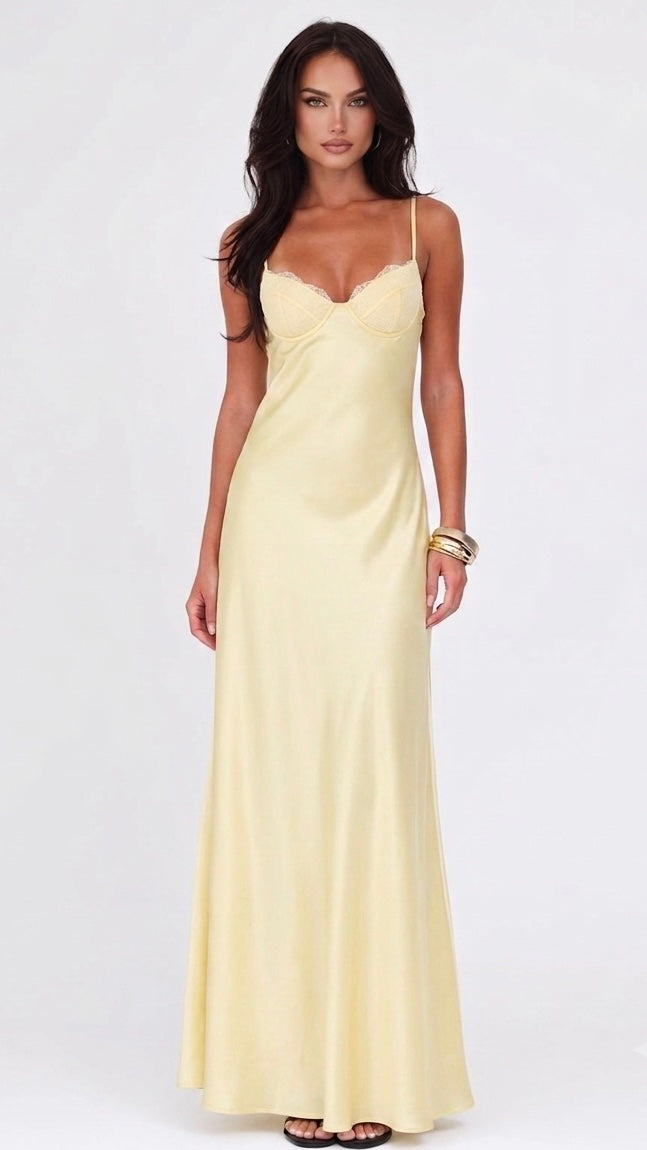 Satin Lace Bias-Cut Midi Dress With V-Neck Backless
