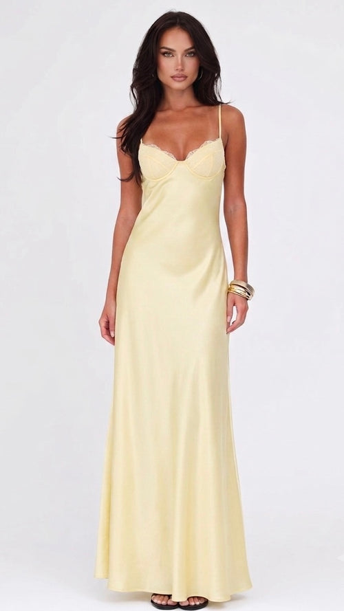Satin Lace Bias-Cut Midi Dress With V-Neck Backless