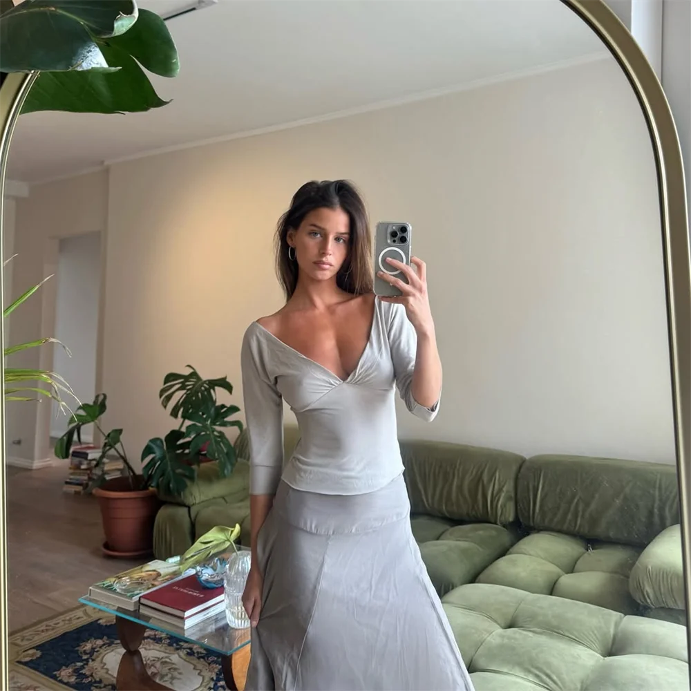 Absobe Women Sexy Deep V Half Sleeve T-shirt Backless Side Split Slim Solid Color 2026 Spring Summer Casual Top Streetwear