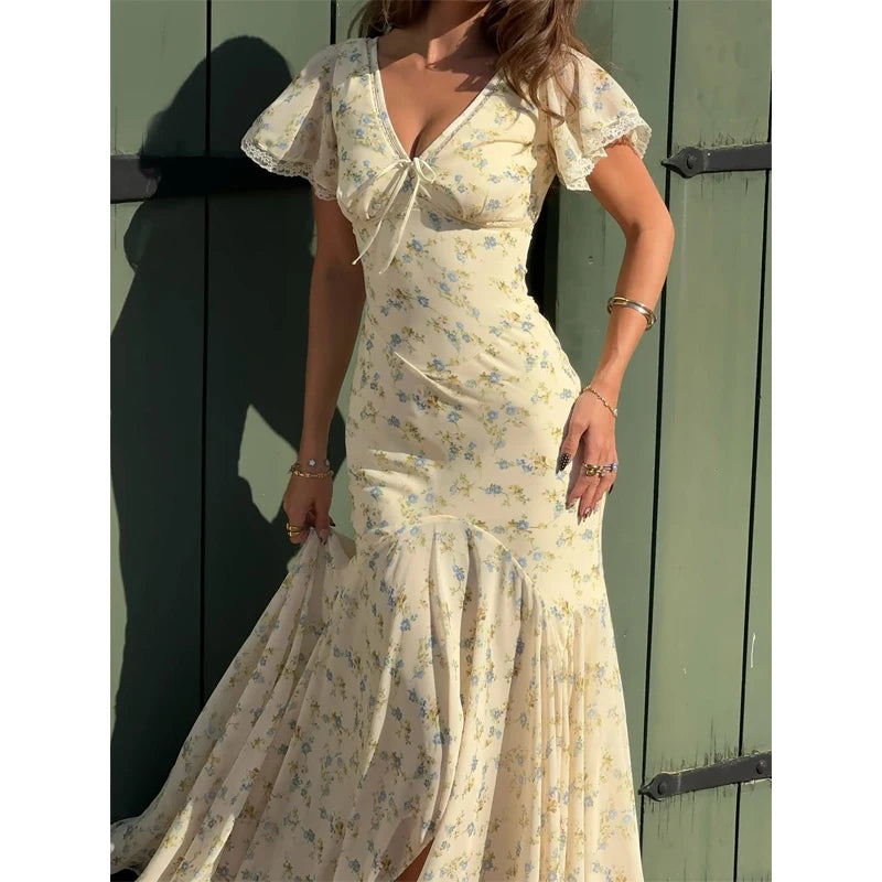 Y2k Floral Print Women's Long Dress Elegant Ruffle V-neck Cap Sleeve Summer Dresses 2026 Female Casual Vacation Party Outfit