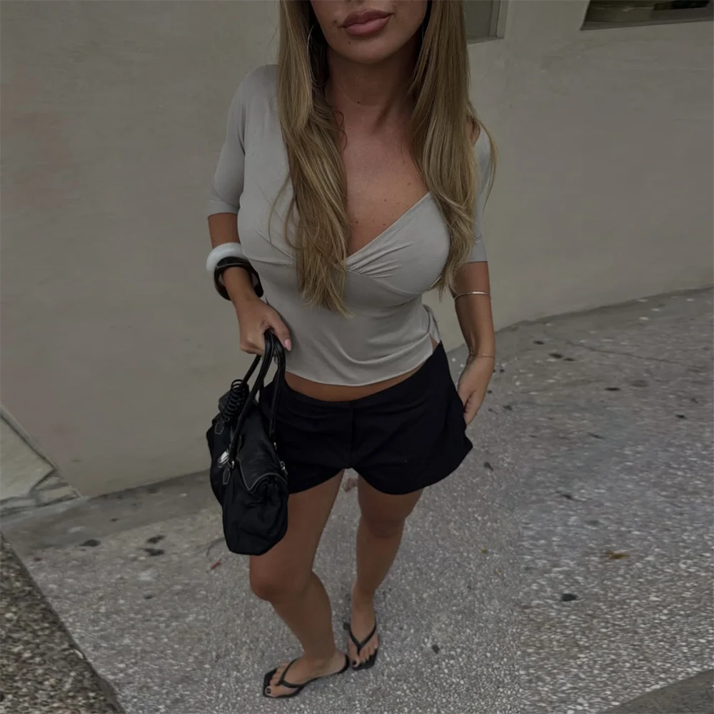 Absobe Women Sexy Deep V Half Sleeve T-shirt Backless Side Split Slim Solid Color 2026 Spring Summer Casual Top Streetwear