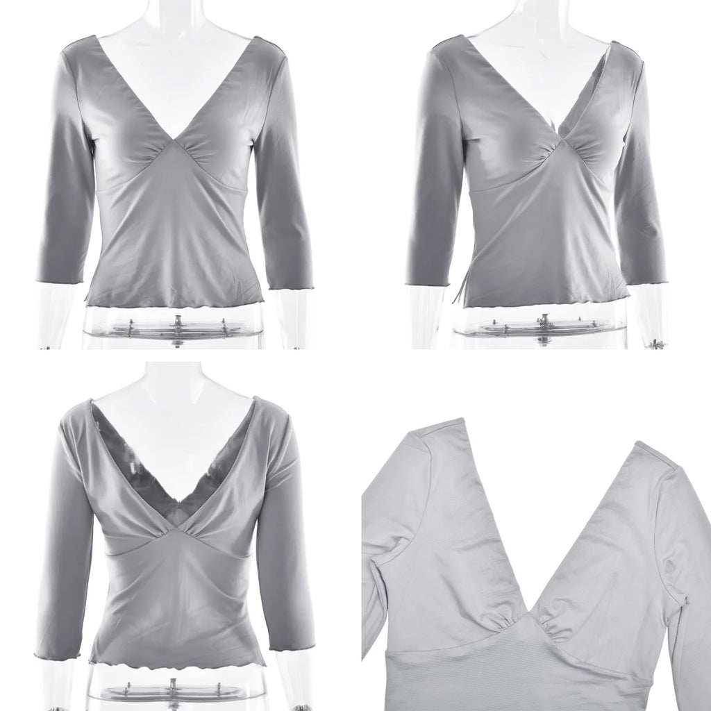 Absobe Women Sexy Deep V Half Sleeve T-shirt Backless Side Split Slim Solid Color 2026 Spring Summer Casual Top Streetwear