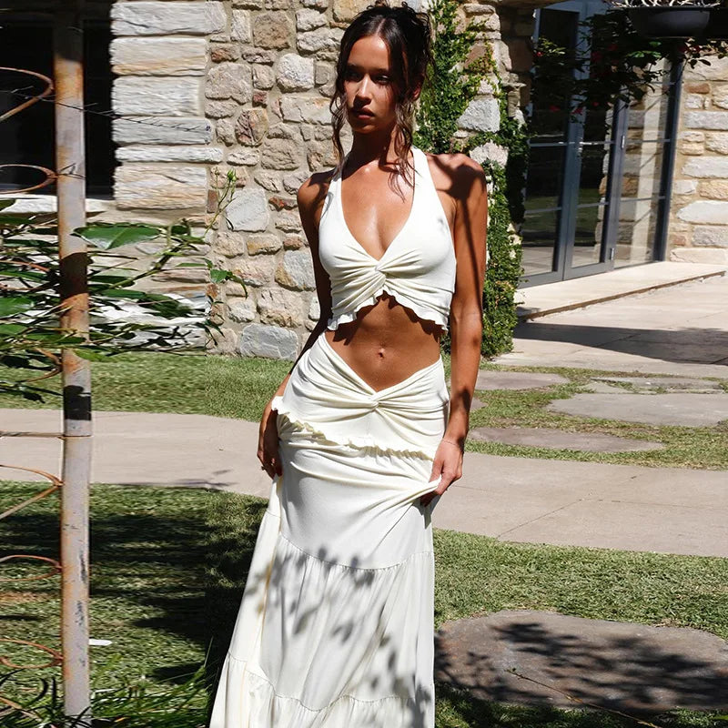 Olive Muse halter twist top and maxi skirt set, back view
