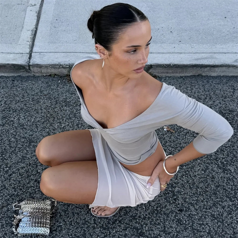 Absobe Women Sexy Deep V Half Sleeve T-shirt Backless Side Split Slim Solid Color 2026 Spring Summer Casual Top Streetwear