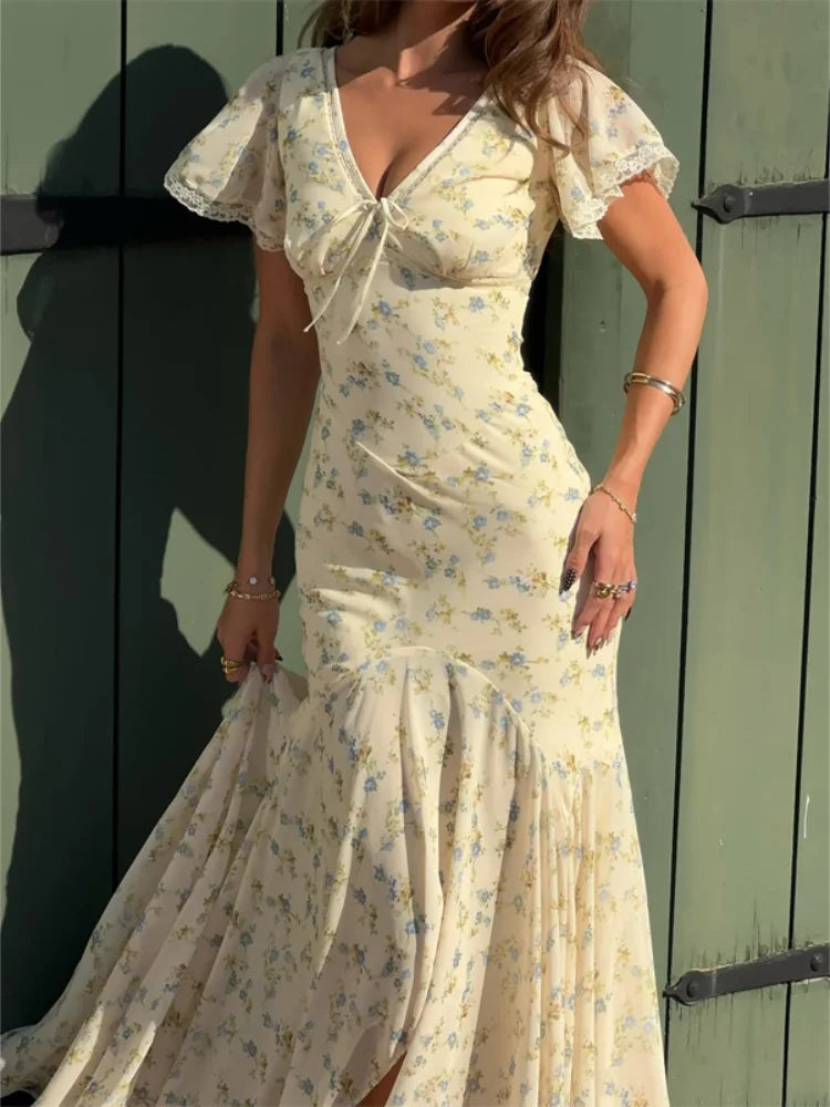 Y2k Floral Print Women's Long Dress Elegant Ruffle V-neck Cap Sleeve Summer Dresses 2026 Female Casual Vacation Party Outfit