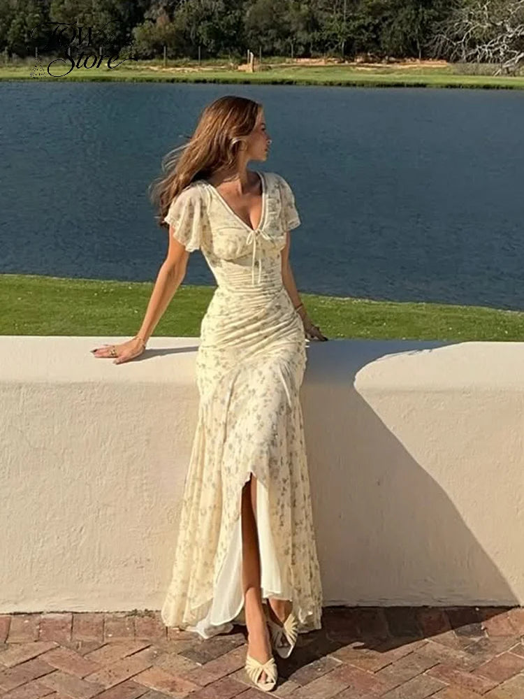 Y2k Floral Print Women's Long Dress Elegant Ruffle V-neck Cap Sleeve Summer Dresses 2026 Female Casual Vacation Party Outfit