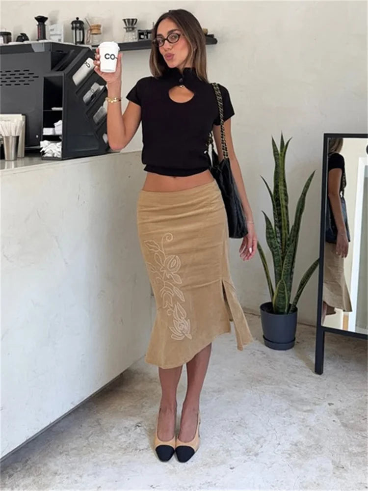 Tossy Summer Vintage Printed Long Skirt Female High Waist Commute Side Split Elegant Contrast Clothes Women's Slim Maxi Skirt