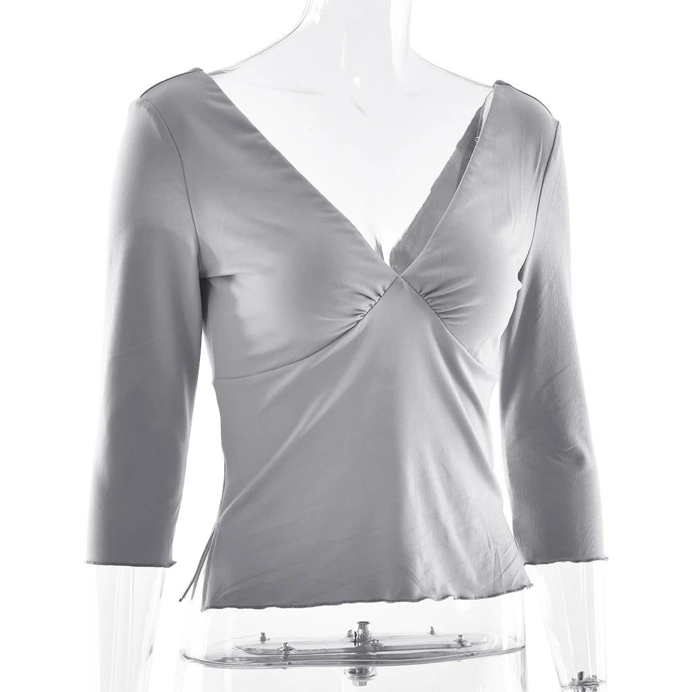 Absobe Women Sexy Deep V Half Sleeve T-shirt Backless Side Split Slim Solid Color 2026 Spring Summer Casual Top Streetwear