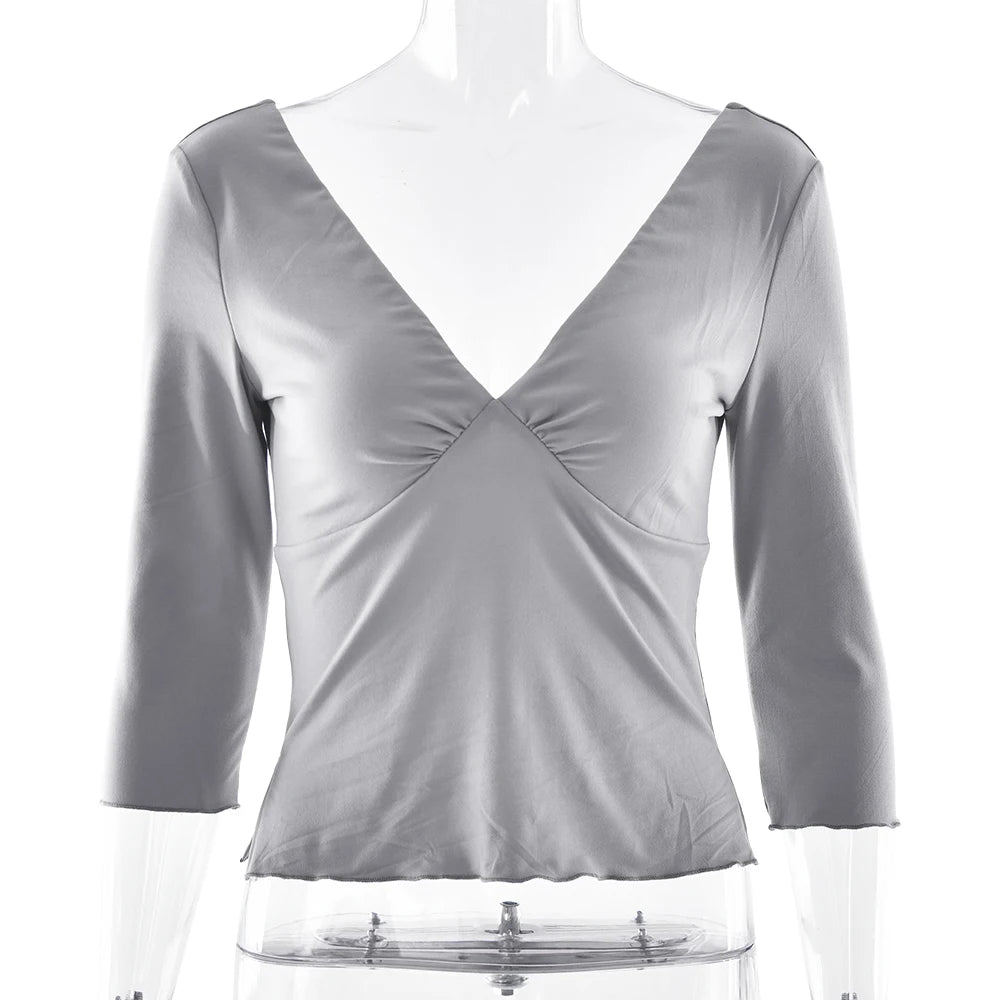 Absobe Women Sexy Deep V Half Sleeve T-shirt Backless Side Split Slim Solid Color 2026 Spring Summer Casual Top Streetwear