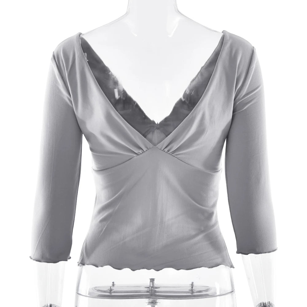 Absobe Women Sexy Deep V Half Sleeve T-shirt Backless Side Split Slim Solid Color 2026 Spring Summer Casual Top Streetwear
