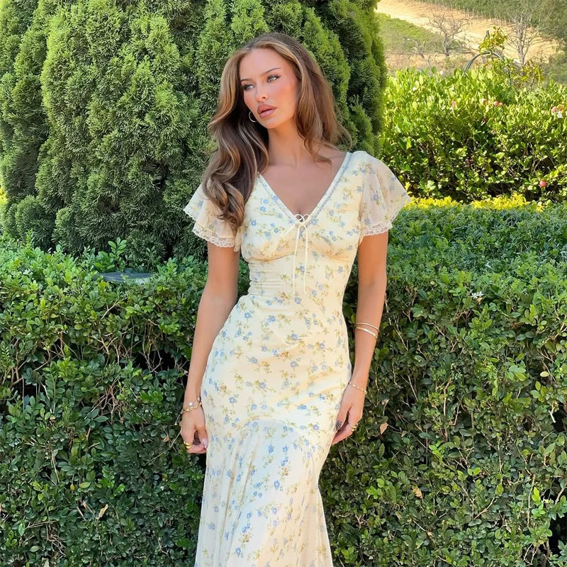 Y2k Floral Print Women's Long Dress Elegant Ruffle V-neck Cap Sleeve Summer Dresses 2026 Female Casual Vacation Party Outfit