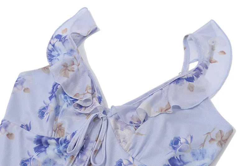 Olive Muse blue floral maxi dress styled for a beach vacation look