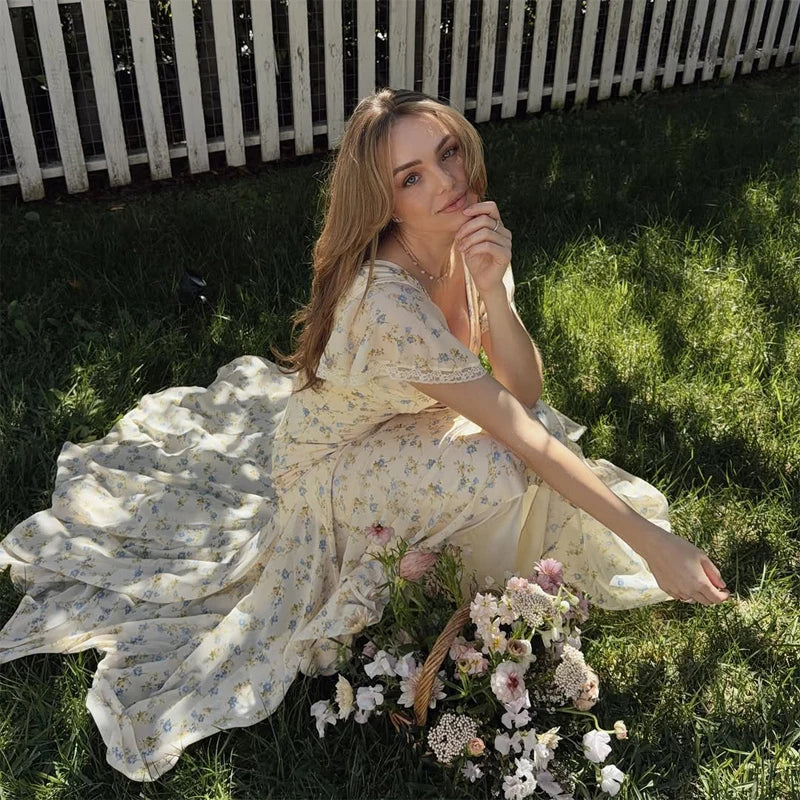 Y2k Floral Print Women's Long Dress Elegant Ruffle V-neck Cap Sleeve Summer Dresses 2026 Female Casual Vacation Party Outfit