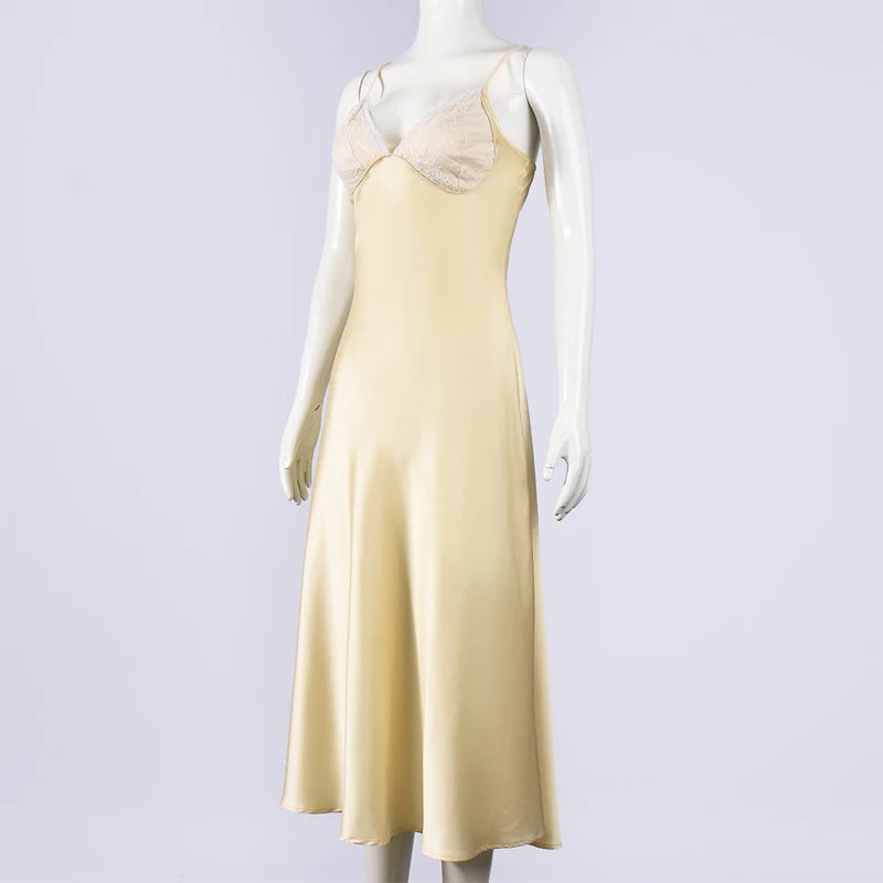 Satin Lace Bias-Cut Midi Dress With V-Neck Backless