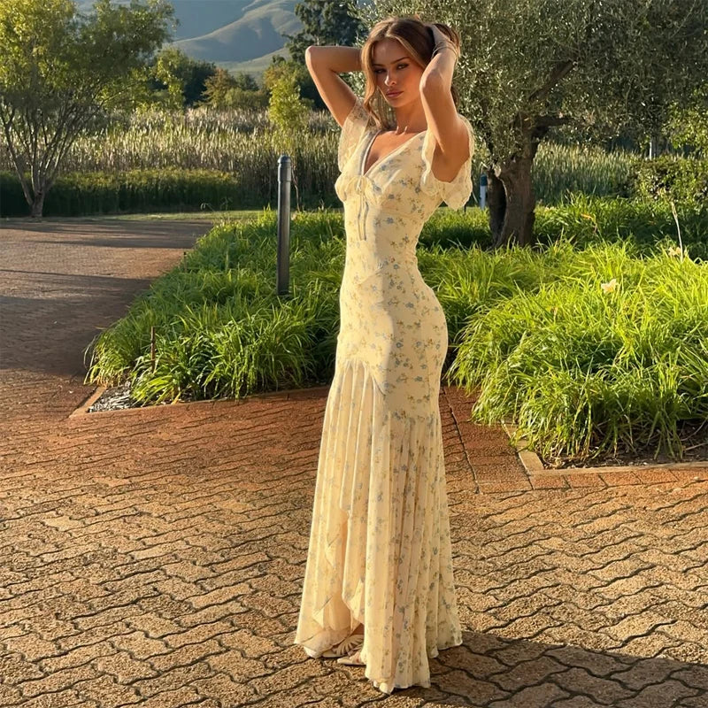 Y2k Floral Print Women's Long Dress Elegant Ruffle V-neck Cap Sleeve Summer Dresses 2026 Female Casual Vacation Party Outfit