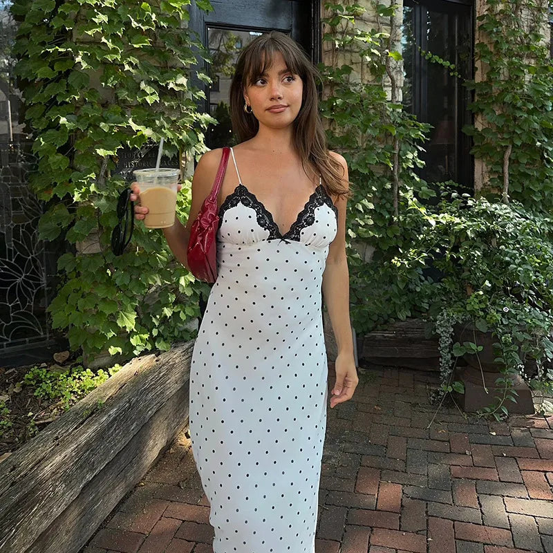 Tossy Lace V-Neck Patchwork Maxi Dress Women Backless High Waist Slim Spaghetti Contrast Party Dress Female Spring Long Dress