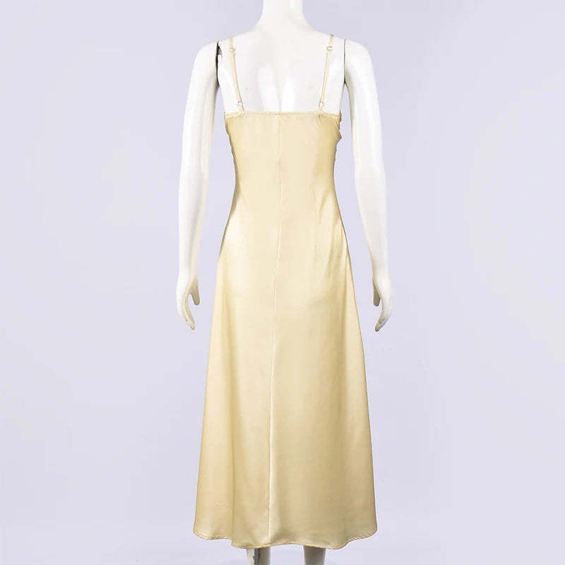Satin Lace Bias-Cut Midi Dress With V-Neck Backless