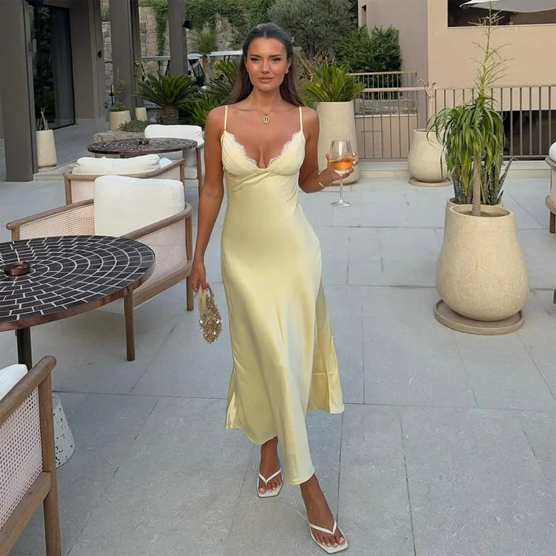 Satin Lace Bias-Cut Midi Dress With V-Neck Backless