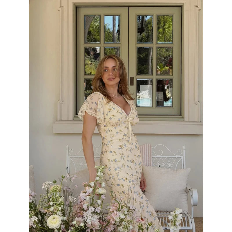 Y2k Floral Print Women's Long Dress Elegant Ruffle V-neck Cap Sleeve Summer Dresses 2026 Female Casual Vacation Party Outfit