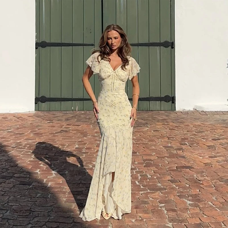 Y2k Floral Print Women's Long Dress Elegant Ruffle V-neck Cap Sleeve Summer Dresses 2026 Female Casual Vacation Party Outfit