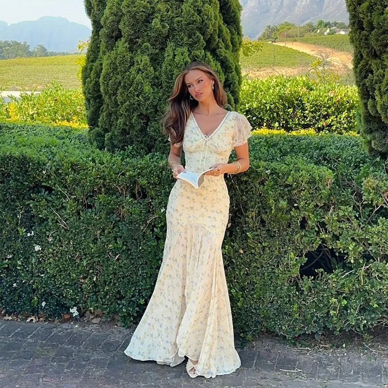 Y2k Floral Print Women's Long Dress Elegant Ruffle V-neck Cap Sleeve Summer Dresses 2026 Female Casual Vacation Party Outfit